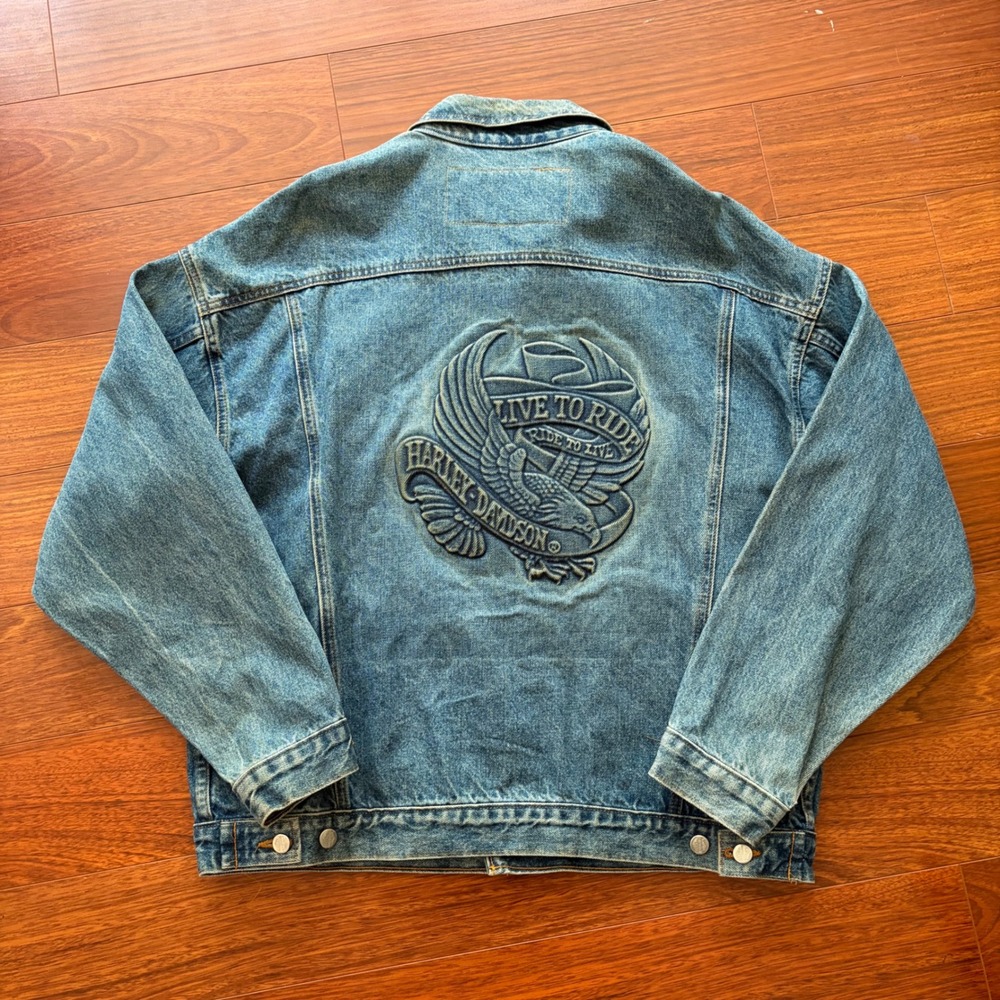 Vintage 90's Harley Davidson Denim Jacket Large Blue Biker Embossed Eagle USA